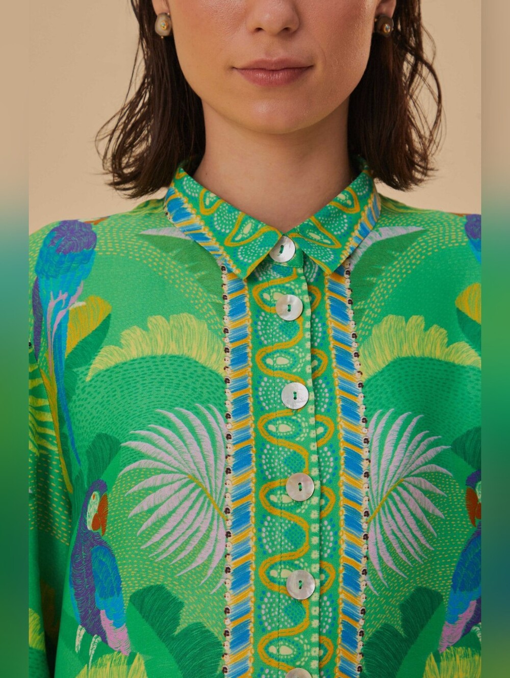Farm Rio - Green Macaw Viscose Shirt - Size Women's US XS - Picture 3 of 9